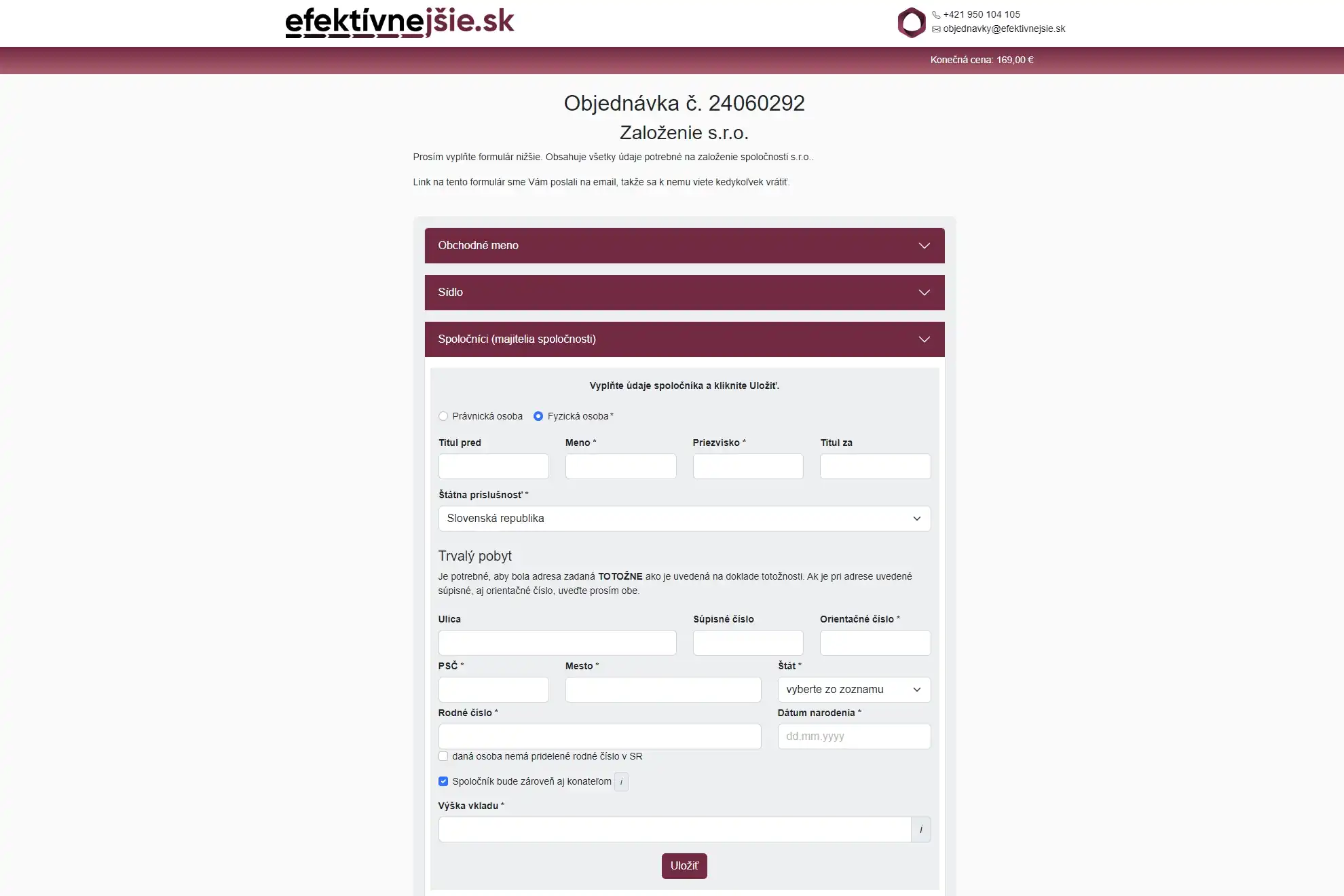 Efektivnejsie.sk - Zákaznícka administrácia objednávky